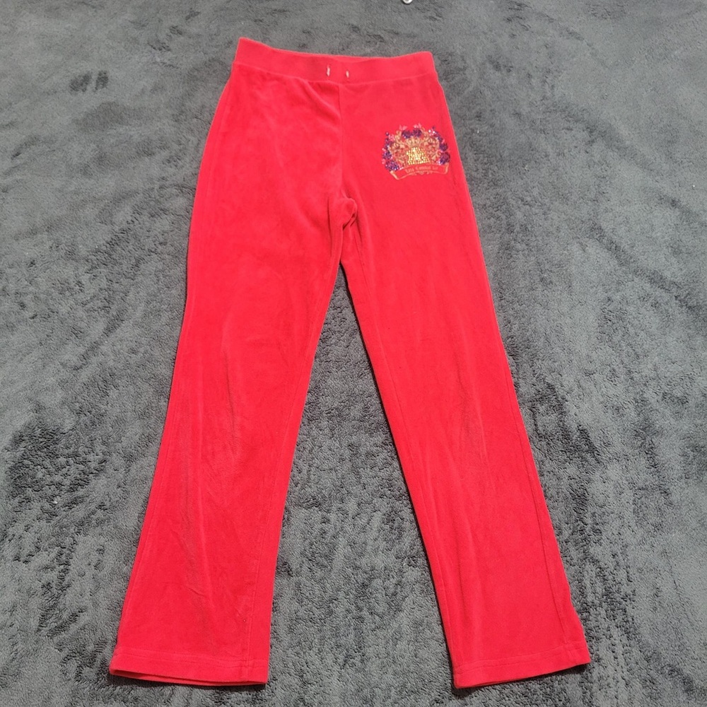 Le Couture Cherry Red Girls Velour Track Pants with Embroidered Accent